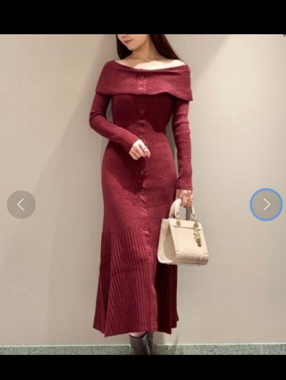 Snidel Off-Shoulder Button-Front Maxi Knit Sweater Dress Burgundy Red Japanese